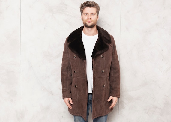 Brown Sheepskin Coat Men Vintage 70s Winter Coat S