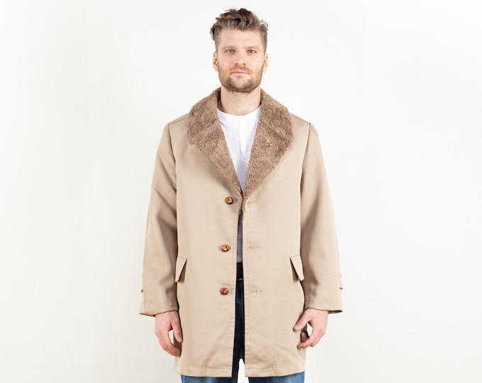 Casual Mens Beige Coat short vintage 80s classic men sherpa winter overcoat mac coat warm coat men retro coat size medium