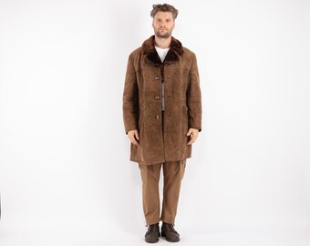70s Vintage Brown Sheepskin Coat, Shearling Overcoat, Men's Size L