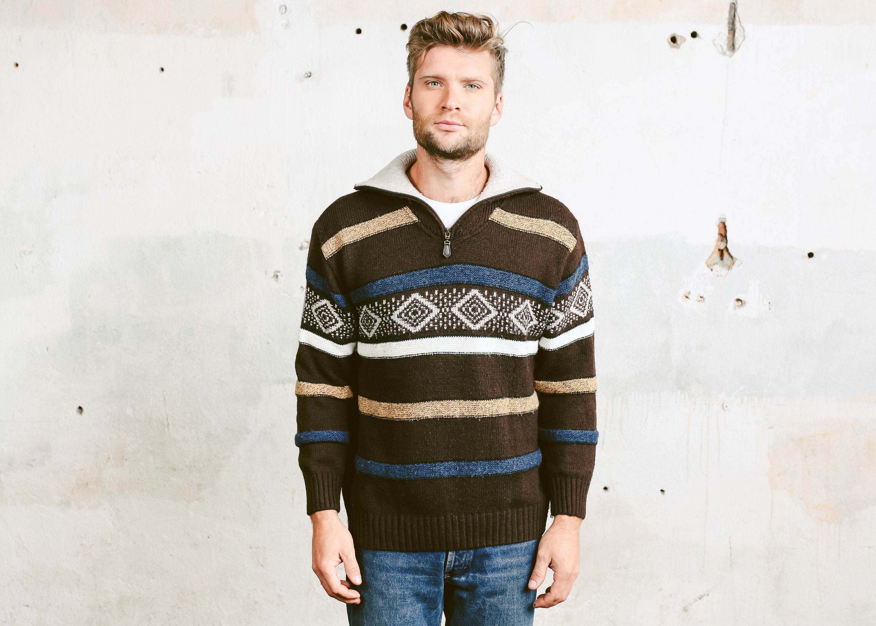 Men's Patterned Zip Neck Sweater . Vintage Geometric Sweater Knitted