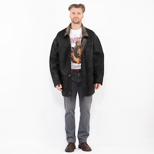 90s Classic Black Sheepskin Coat, Size L/XL Men Sheepskin Coat, Black Leather Coat, Old Country Style, Black Shearling, Mens Clothing, Retro