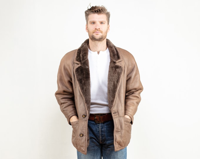 Vintage Men Sheepskin Coat men 70's winter coat suede coat shearling sheep fur coat winter overcoat vintage clothing size large l