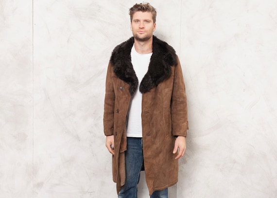 70s Sheepskin Overcoat Vintage Shearling Men Coat