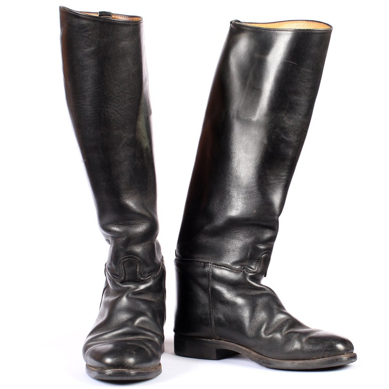 Vintage RIDING Boots . Mens Black Leather Jackboots Tall Military Officer Preppy Equestrian Masculine Footwear . Eur 41 US mens 8 UK 7.5 image 1