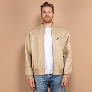 Blouson aviateur en cuir, veste en cuir homme taille L, veste en cuir rétro, blouson aviateur rétro, vêtements pour hommes, veste en cuir beige des années 90