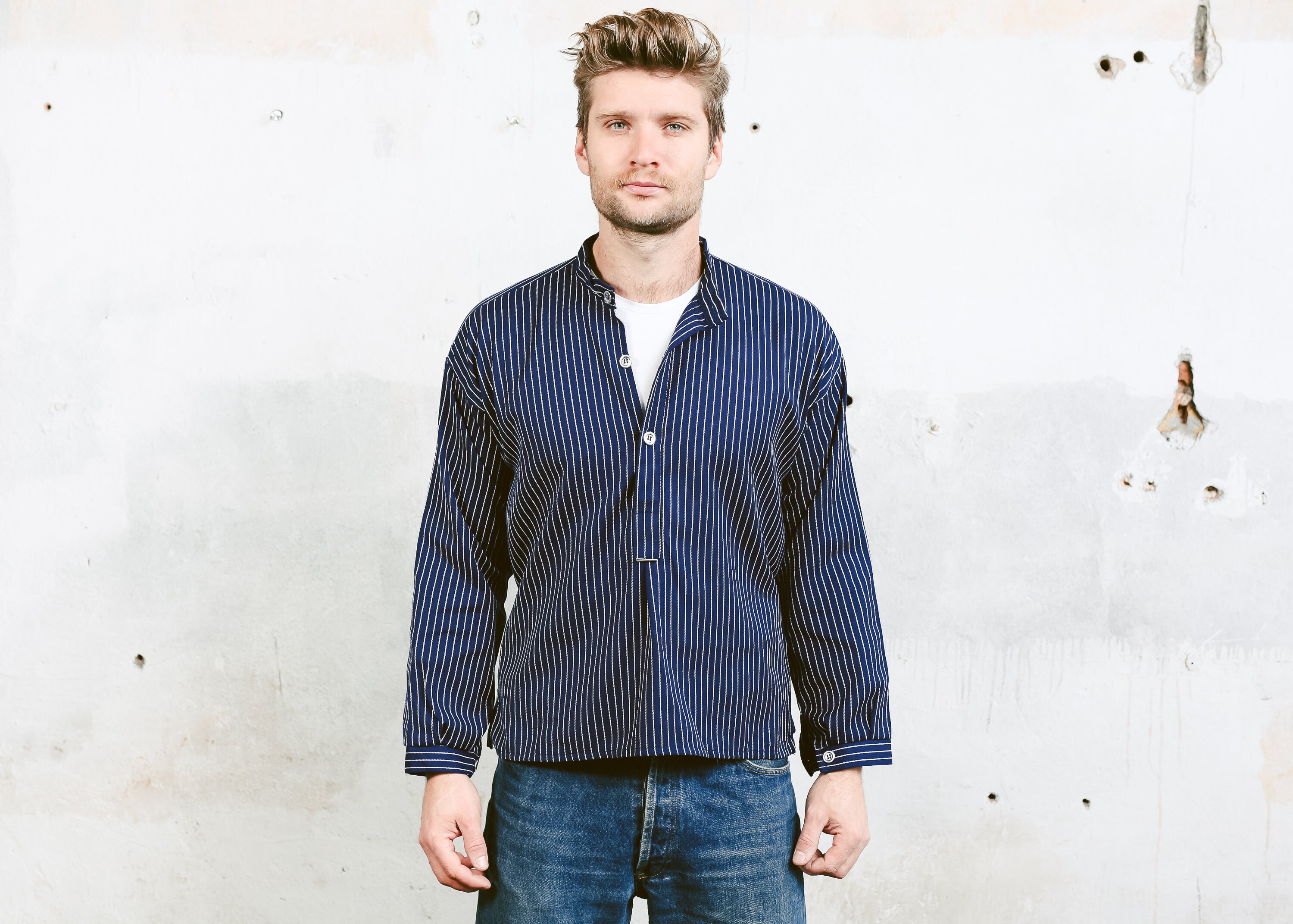 Vintage Smock Shirt . Men 80s Blue Shirt Collarless Shirt Etsy