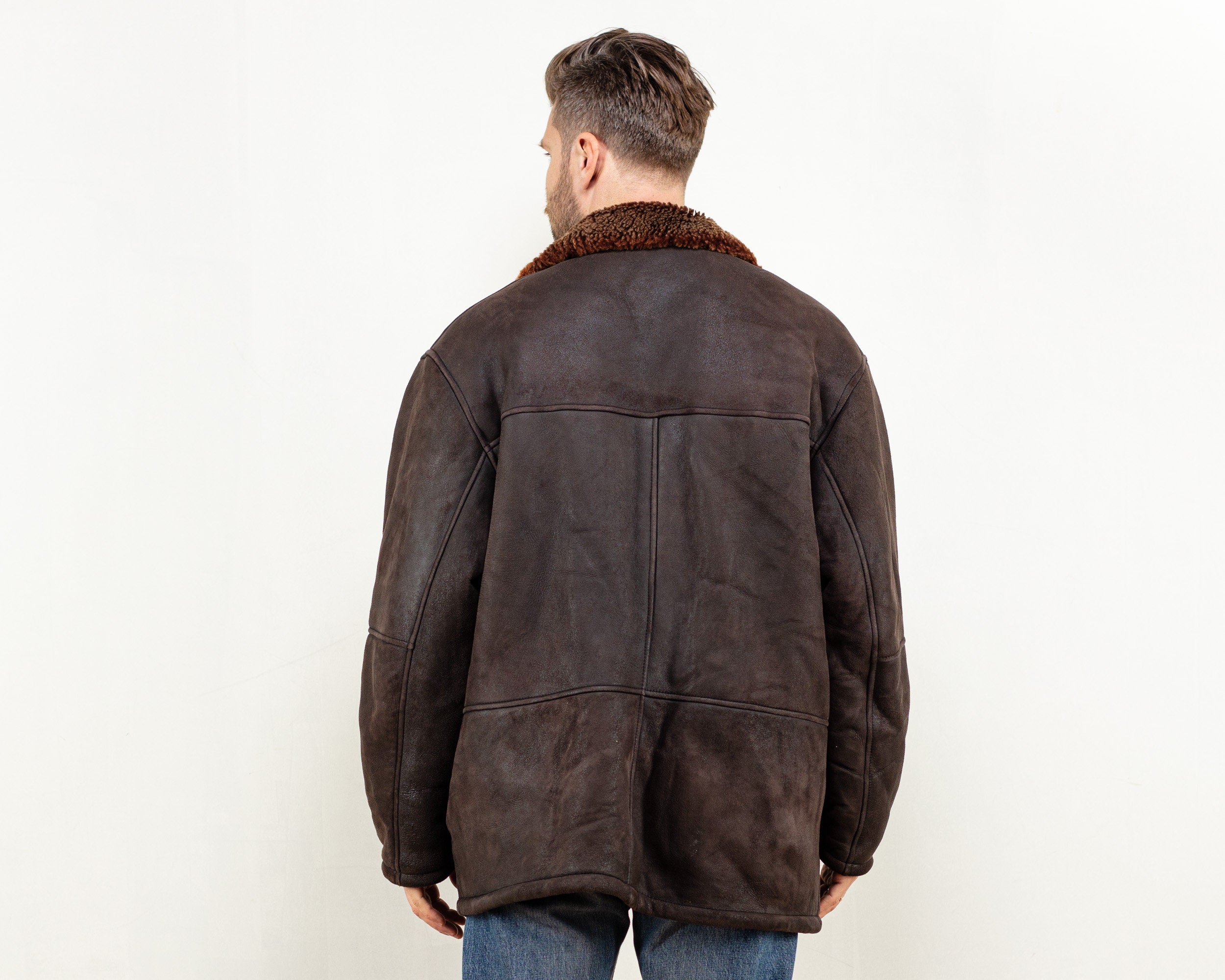 Sheepskin Leather Coat classic 90's men brown shearl leather winter overcoat boho western rdr2