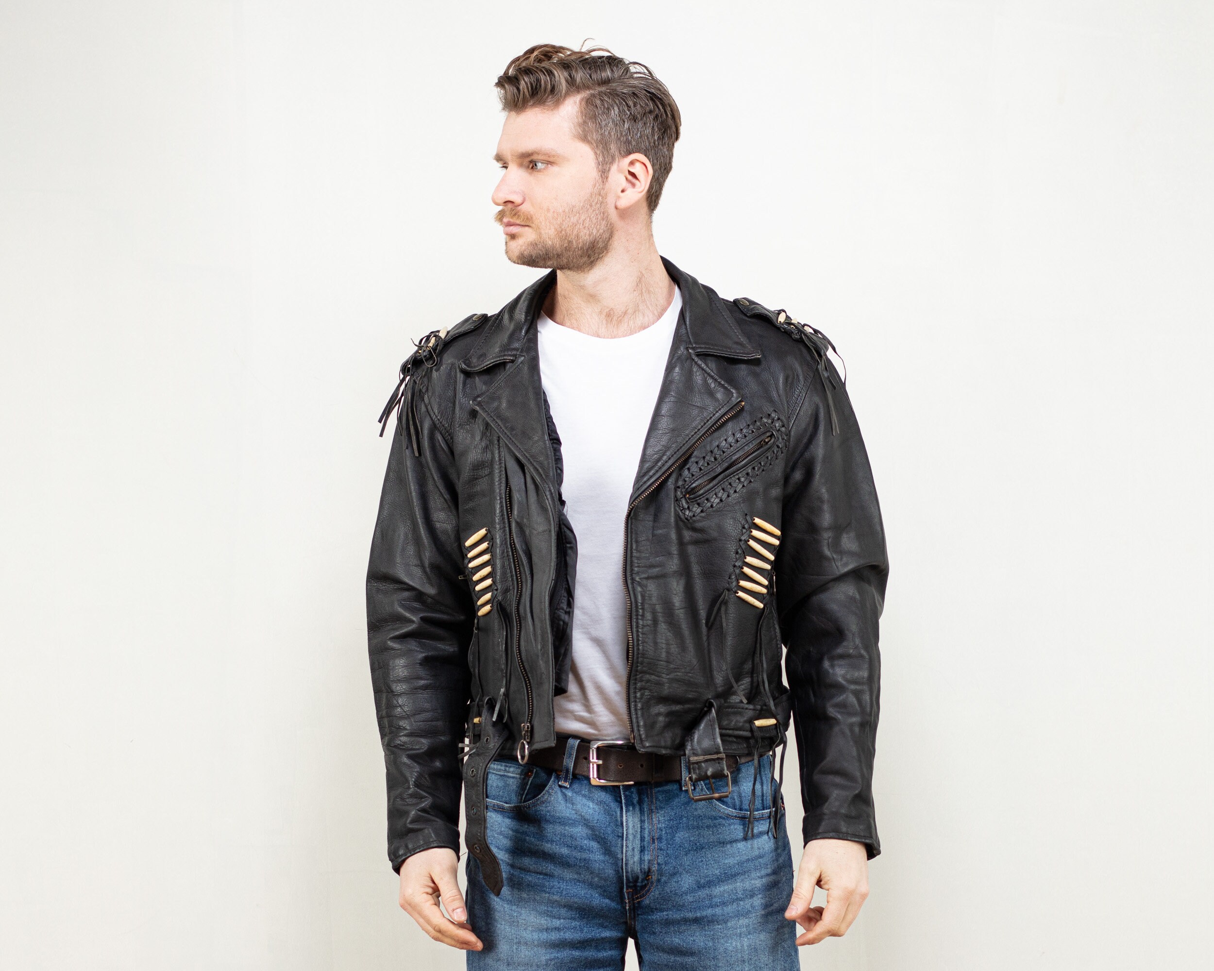 Vintage Protech Black Leather Biker Jacket black side zip 1990s punk