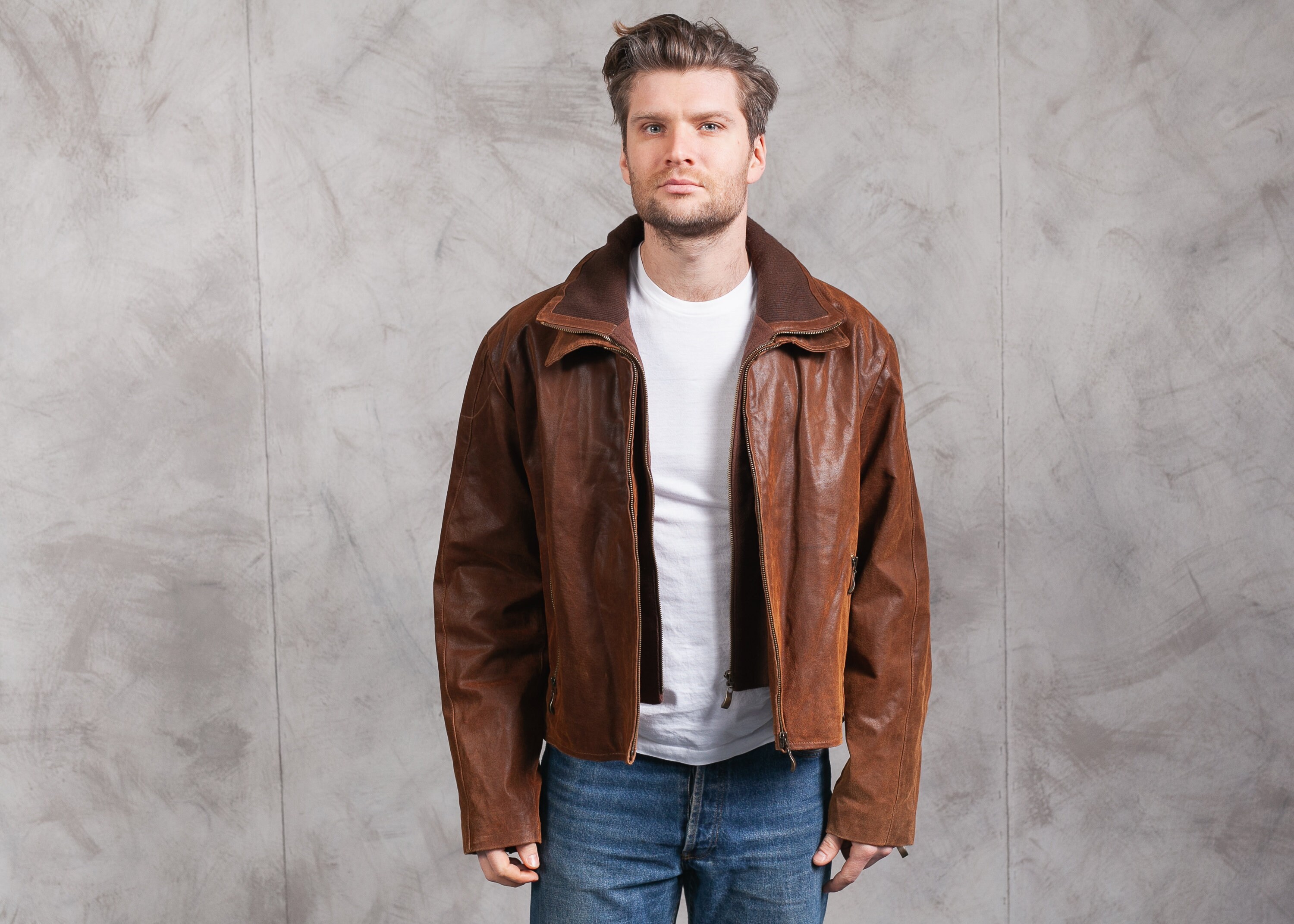 Vintage 90s Leather Jacket . Men 1990 Pilot Jacket Coat Flight