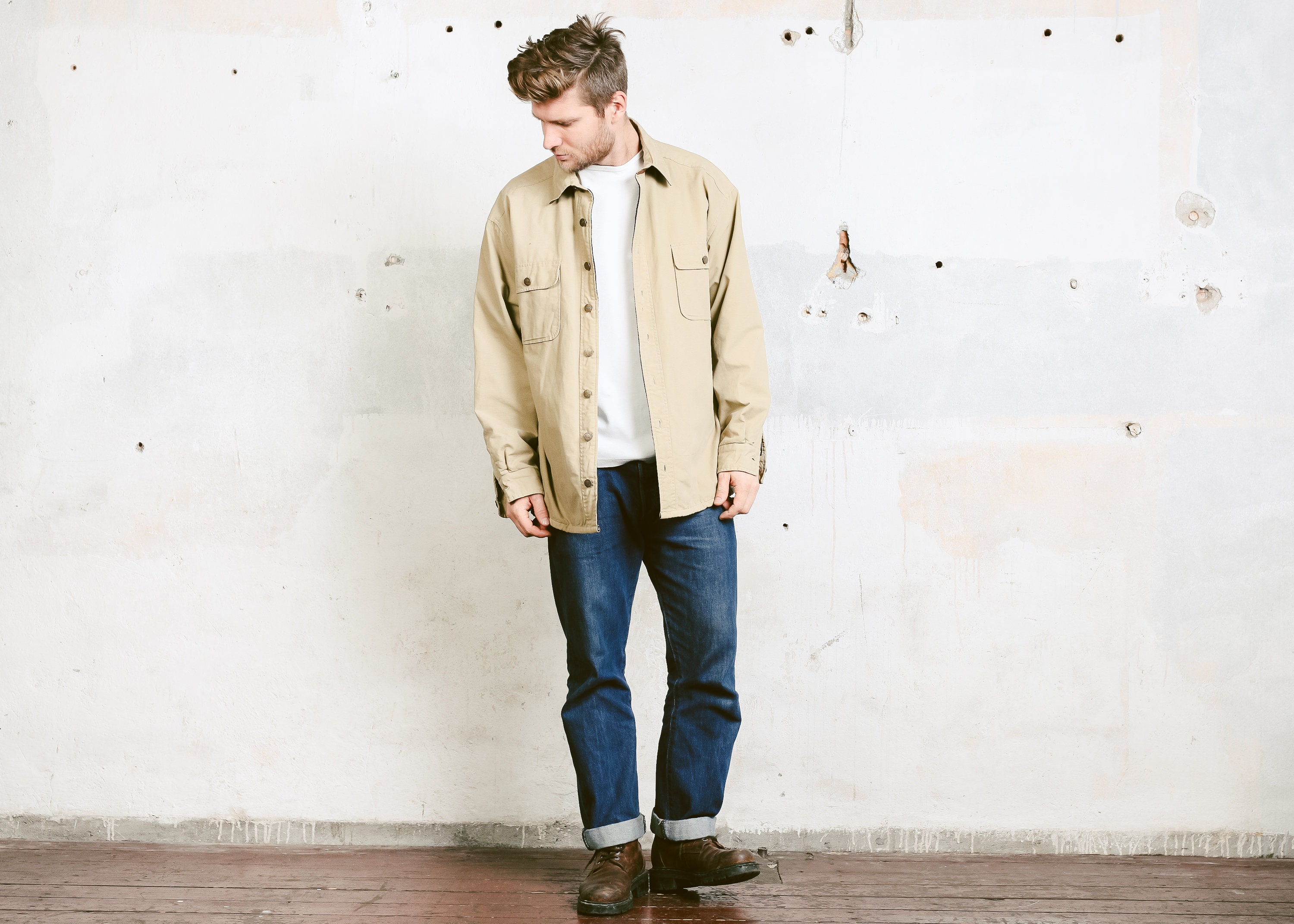 90s Mens Classic Beige Jacket . Thick Padded Shirt Vintage 90s Grunge ...