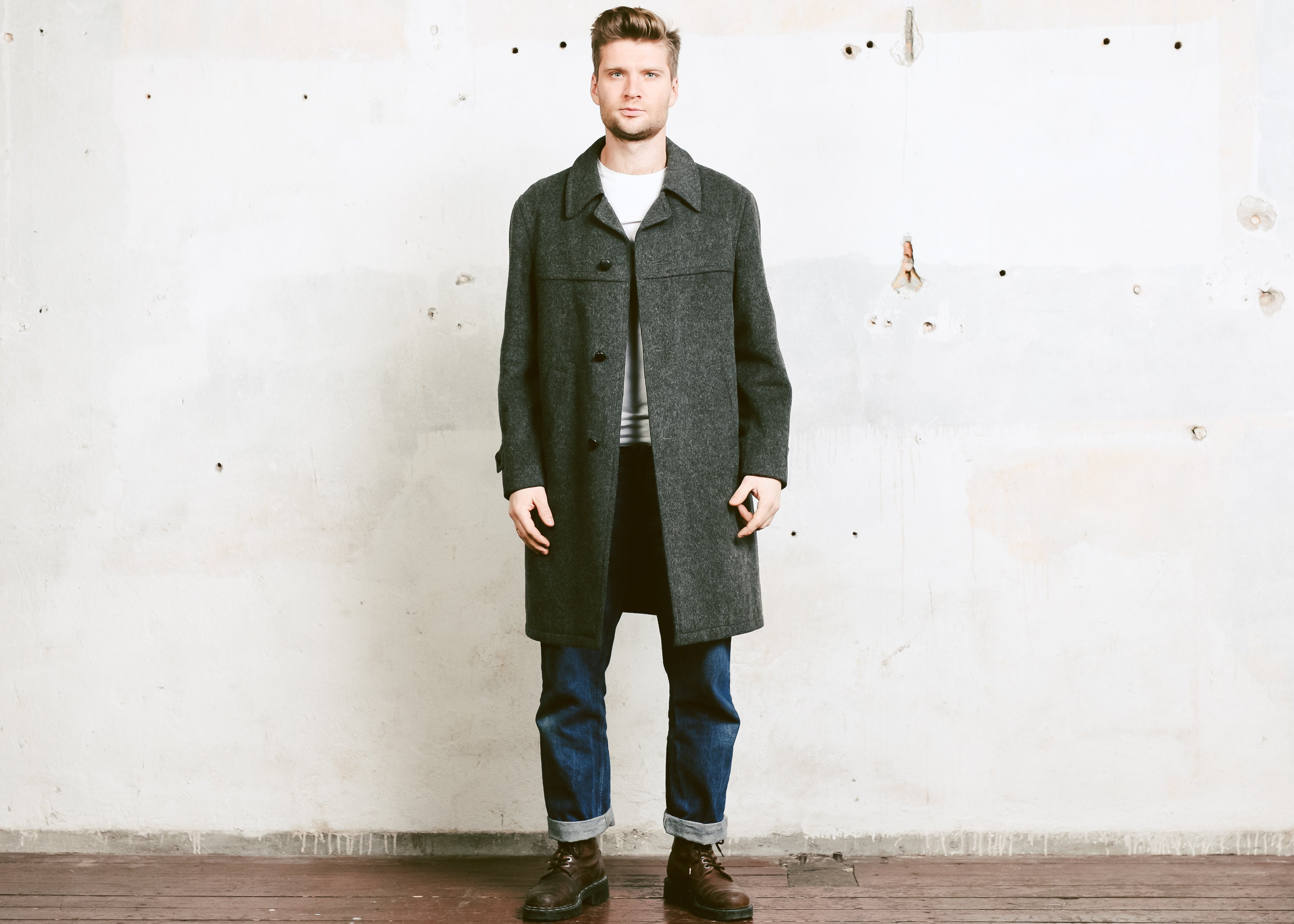 Grey Mohair Wool Coat . 80s Men Winter Coat 1980s Grey Topcoat