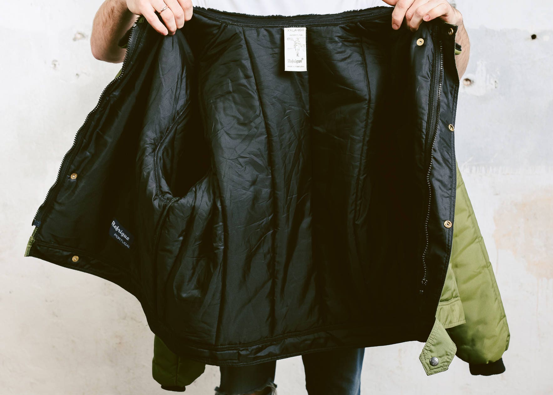 Men's Military Jacket with Faux Fur Collar . Khaki Green Winter Coat