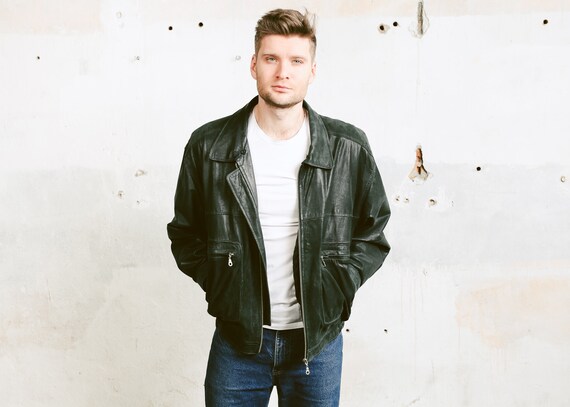 Vintage 80s Lederen Bomber jas. Mannen zwarte pilotjack vacht vlucht Aviator Jacket Men kleding Biker jasje. maat grote L Vintage 80s Lederen Bomber jas. Mannen zwarte pilotjack vacht vlucht Aviator Jacket Men kleding Biker jasje. maat grote L