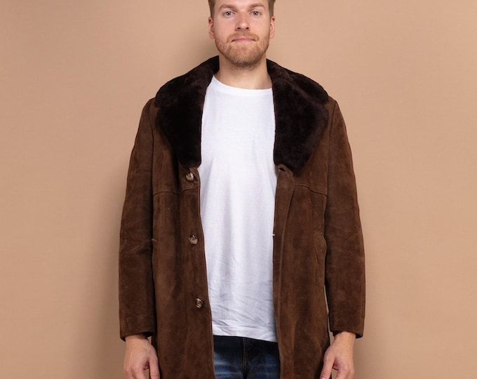 Unique 70s Shearling Coat, Size Medium M, Men Vintage Sheepskin Overcoat, Warm Winter Outerwear, Western Style Coat, Vintage Coat, Beige