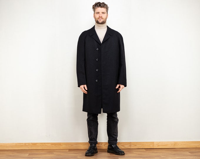 Men Wool Coat 80s dark grey wool blend overcoat classic smart casual tweed style 80s minimalistic preppy style outerwear size large