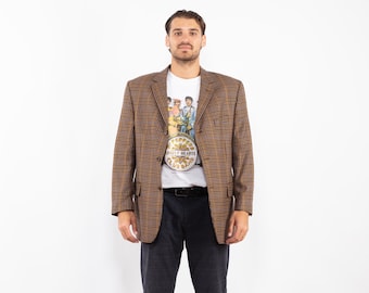 1970s Brown Plaid Wool Blazer, Vintage Retro Sport Coat, Men's Size L/XL