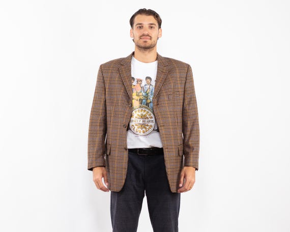 1970s Brown Plaid Wool Blazer, Vintage Retro Sport Coat, Men's Size L/XL