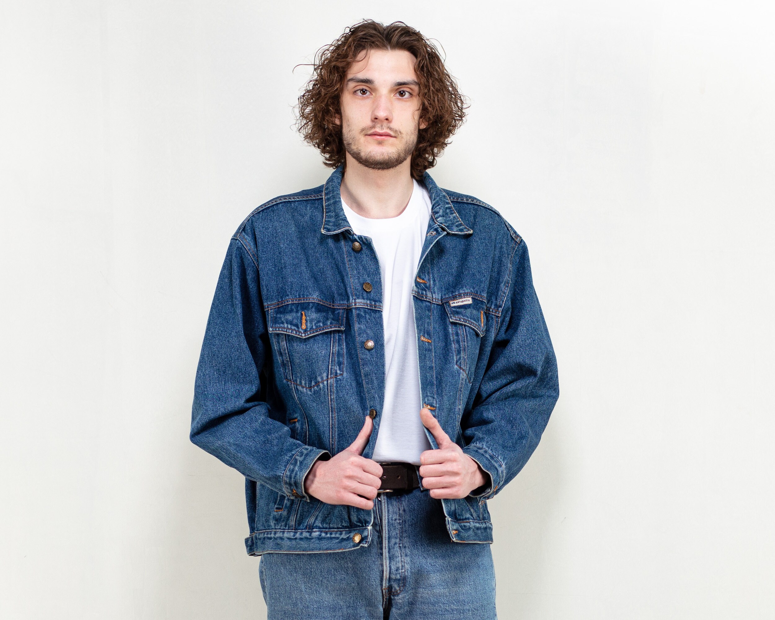 Vintage Denim Jacket men 90's denim trucker jacket medium wash blue ...