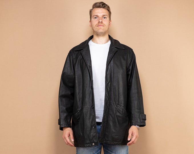 Black Leather Jacket, Size L, 80s Vintage Apparel, Retro Leather Coat, Noir Biker Jacket, Eighties Fashion, Vintage Black Outerwear
