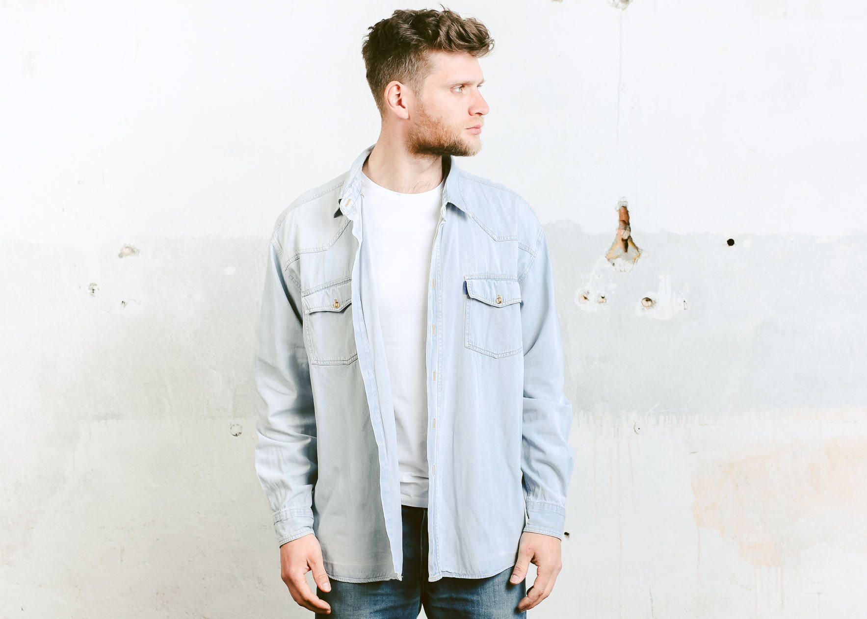 Vintage 90s Denim Shirt . Light Blue Shirt Chambray Men's 90s Grunge ...