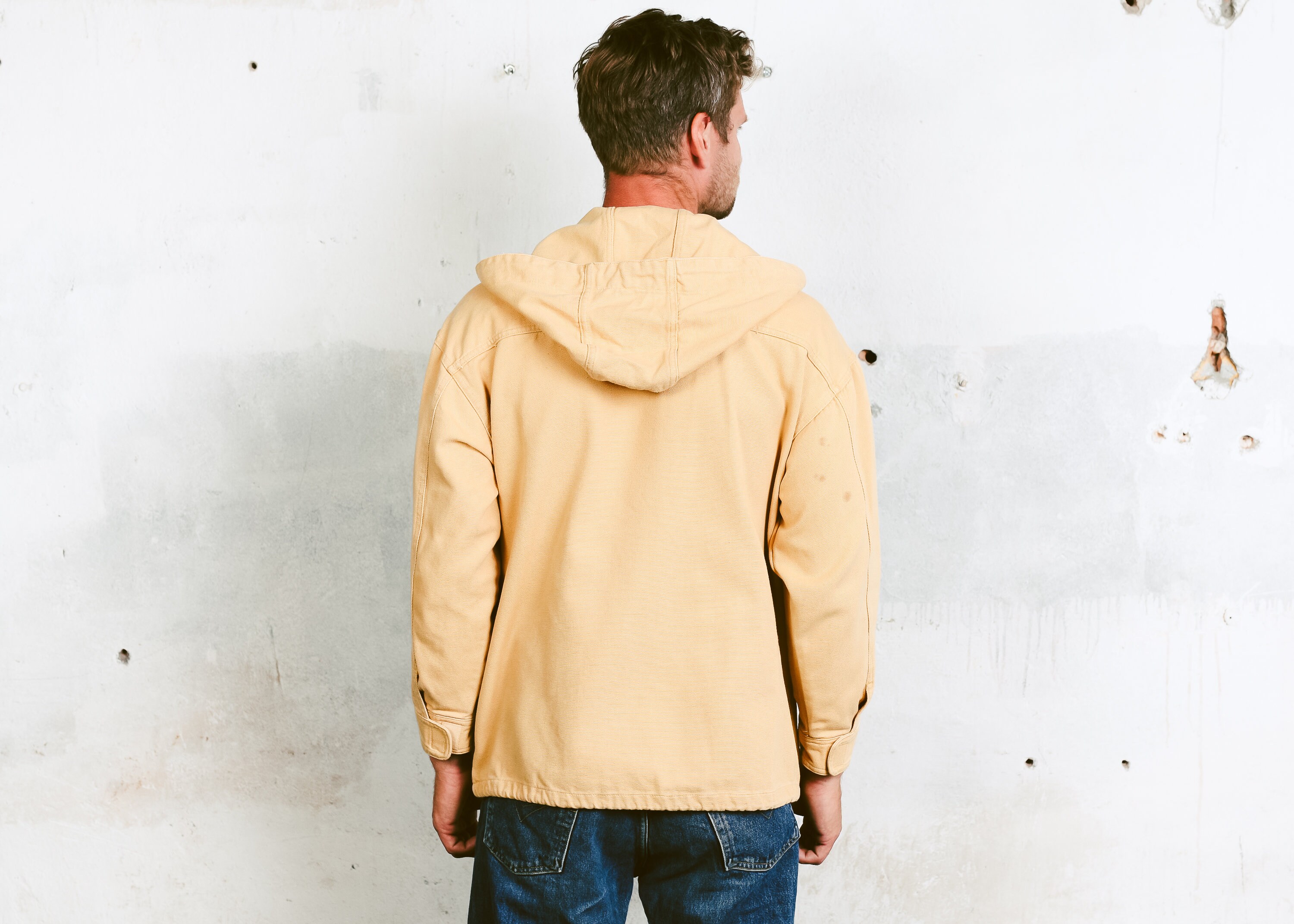 90s Hooded Jacket . Mens Yellow Jacket Cotton Canvas Thick Outerwear