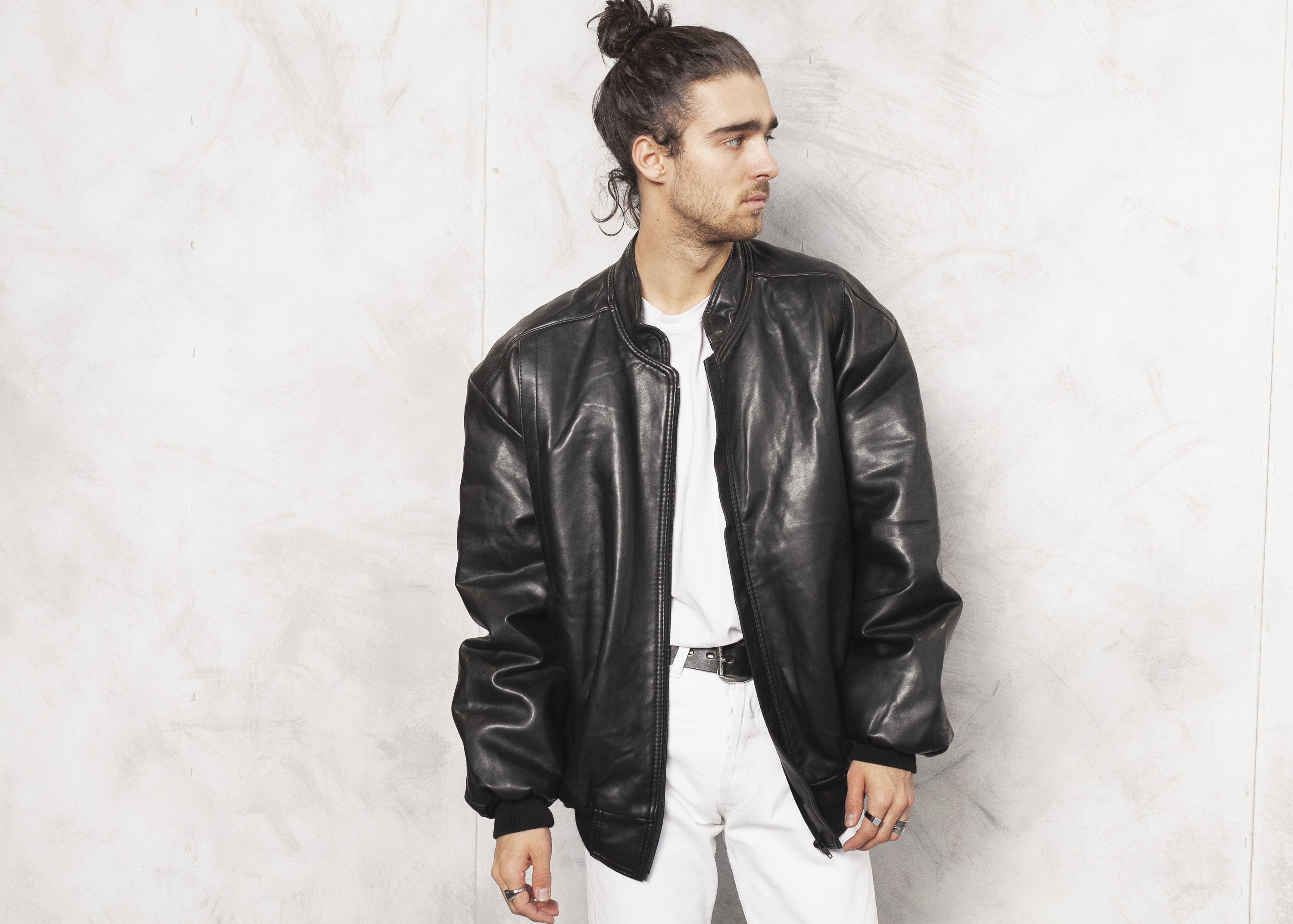 Leather Biker Jacket 90s Black Mens Jacket Vintage Leather Biker Jacket