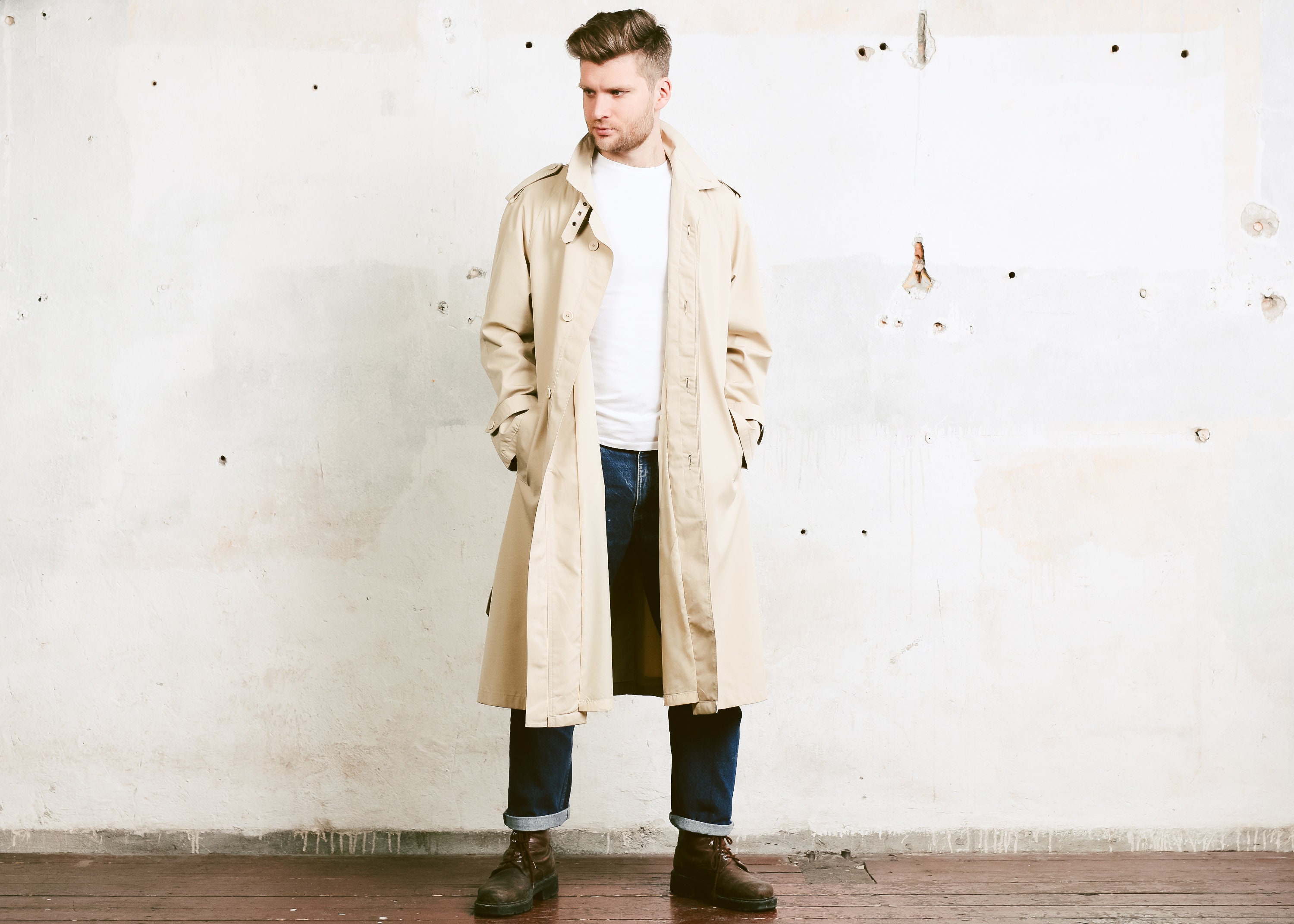 Vintage 80s Spring Coat . Beige Men Duster Coat Mac Coat Raglan Sleeves ...