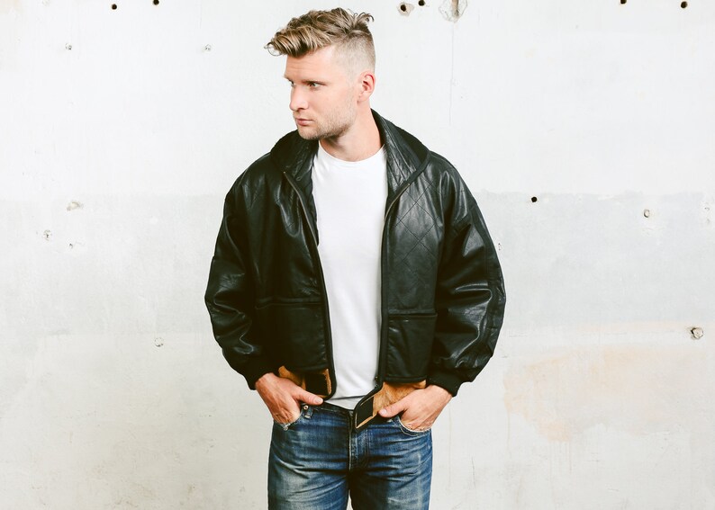 Men S Leather Biker Jacket Black Punk Rock Vintage 80s Moto Motorcycle Outerwear Size Large