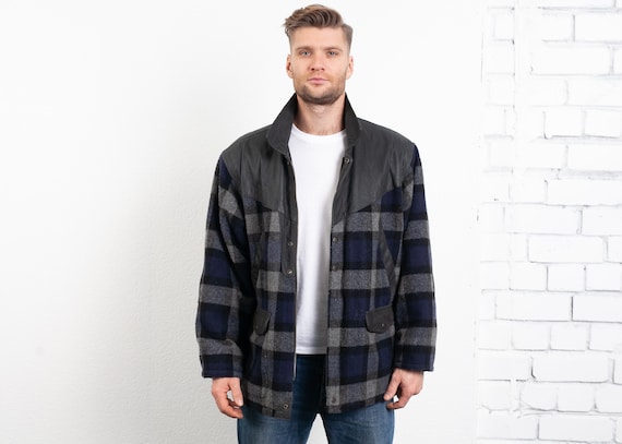Vintage Wool and Leather Jacket . Men 90s Insulate