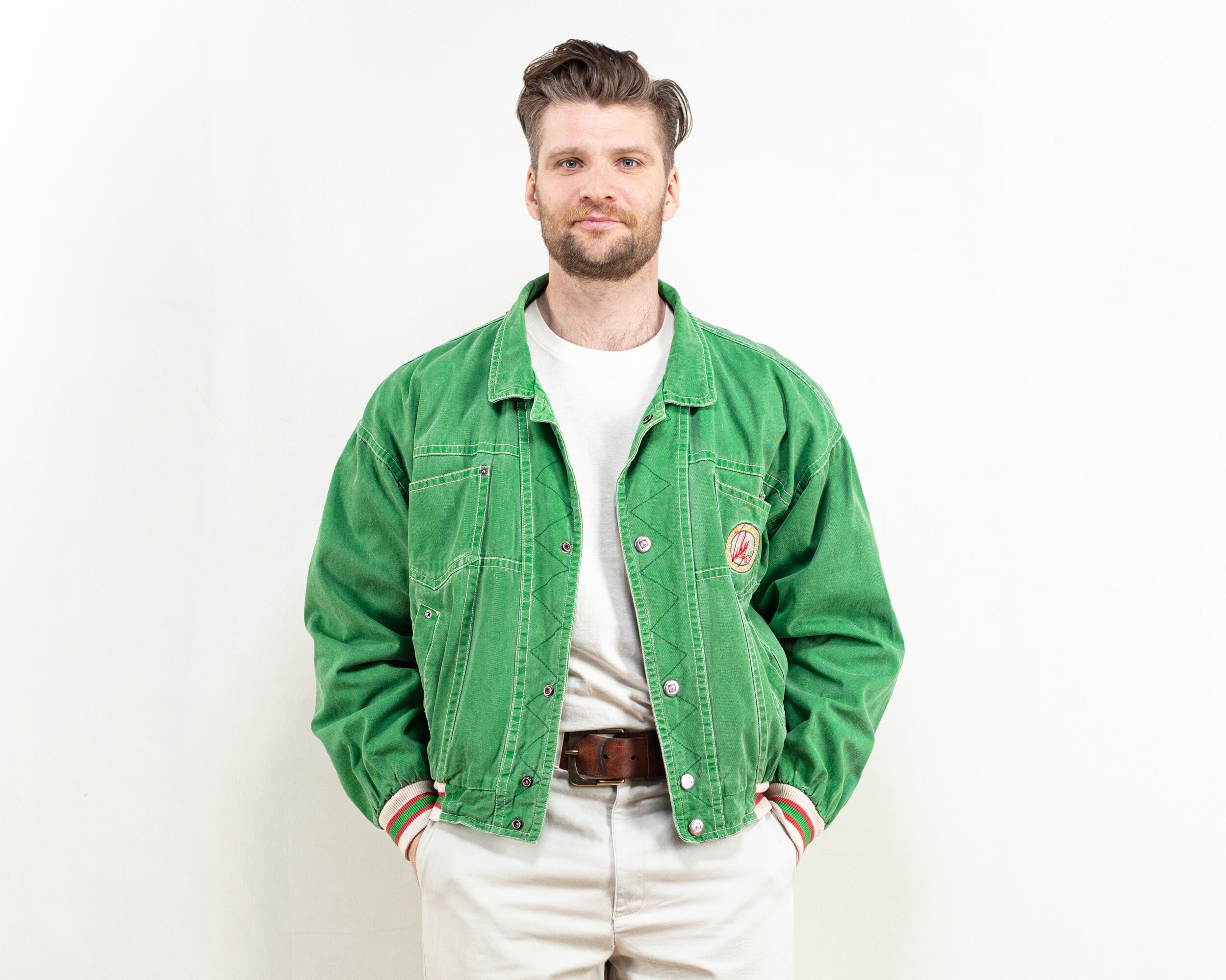 Green Bomber Jacket Men Vintage 80s Green Denim Insulated Varsity