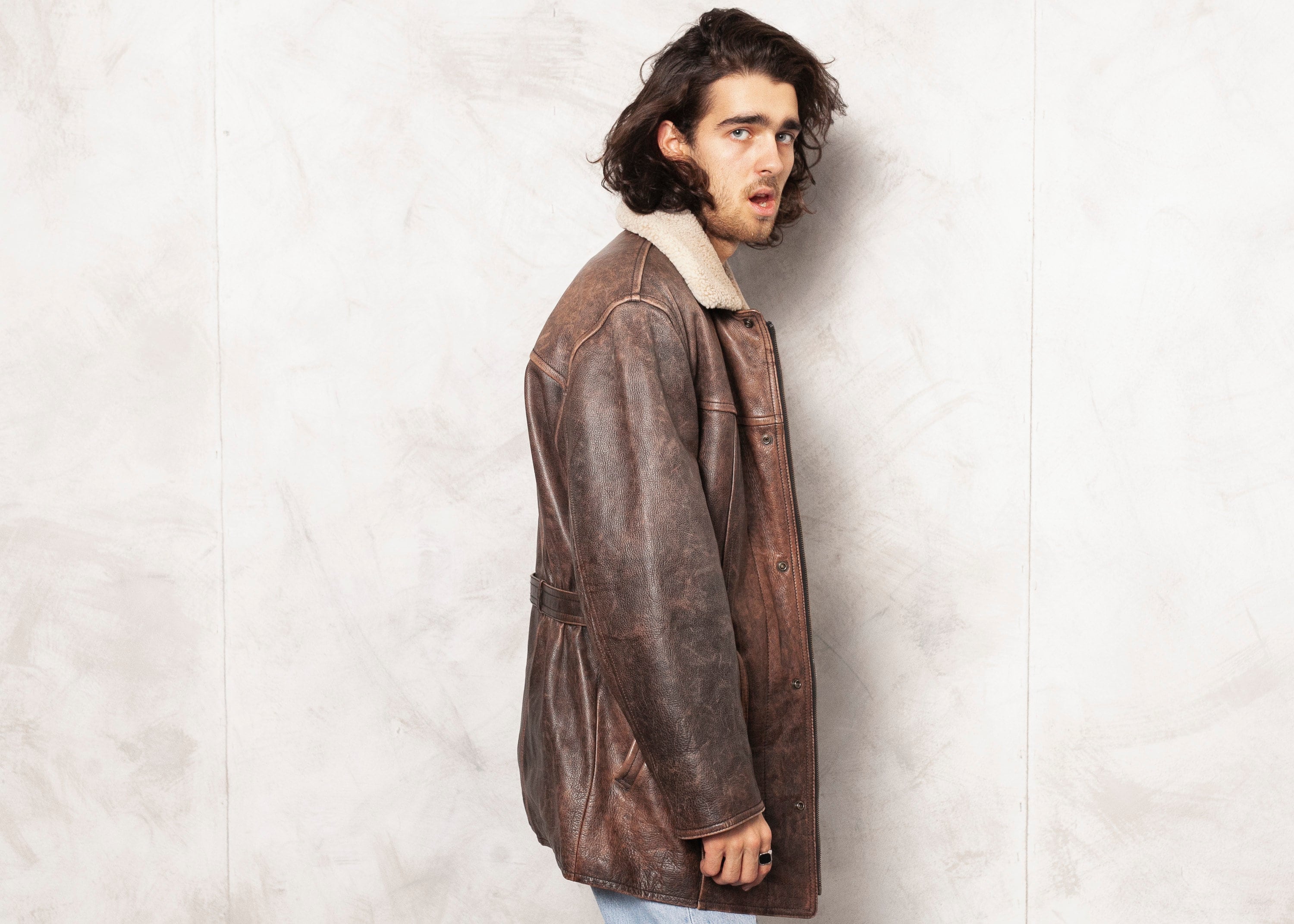 Brown Leather Coat Men 90's Vintage Men's 1990s Long Jacket Leather ...