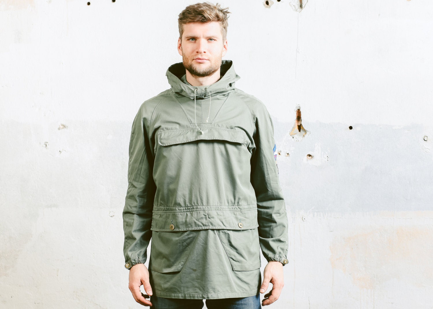 Vintage 1940s Smock JACKET . Mens 40s Anorak Jacket Khaki Green Post