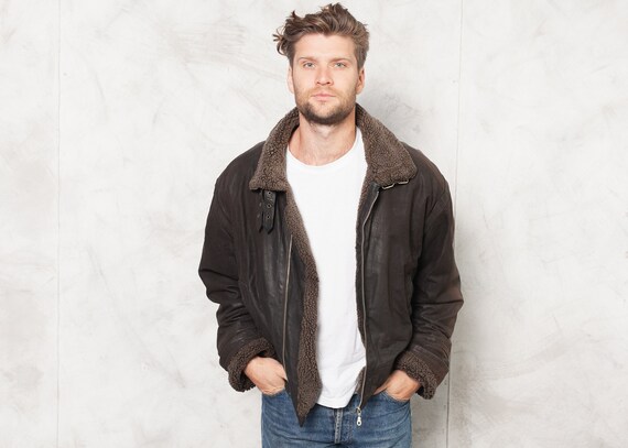 Leather Aviator Jacket Dark Brown Vintage Sherpa C