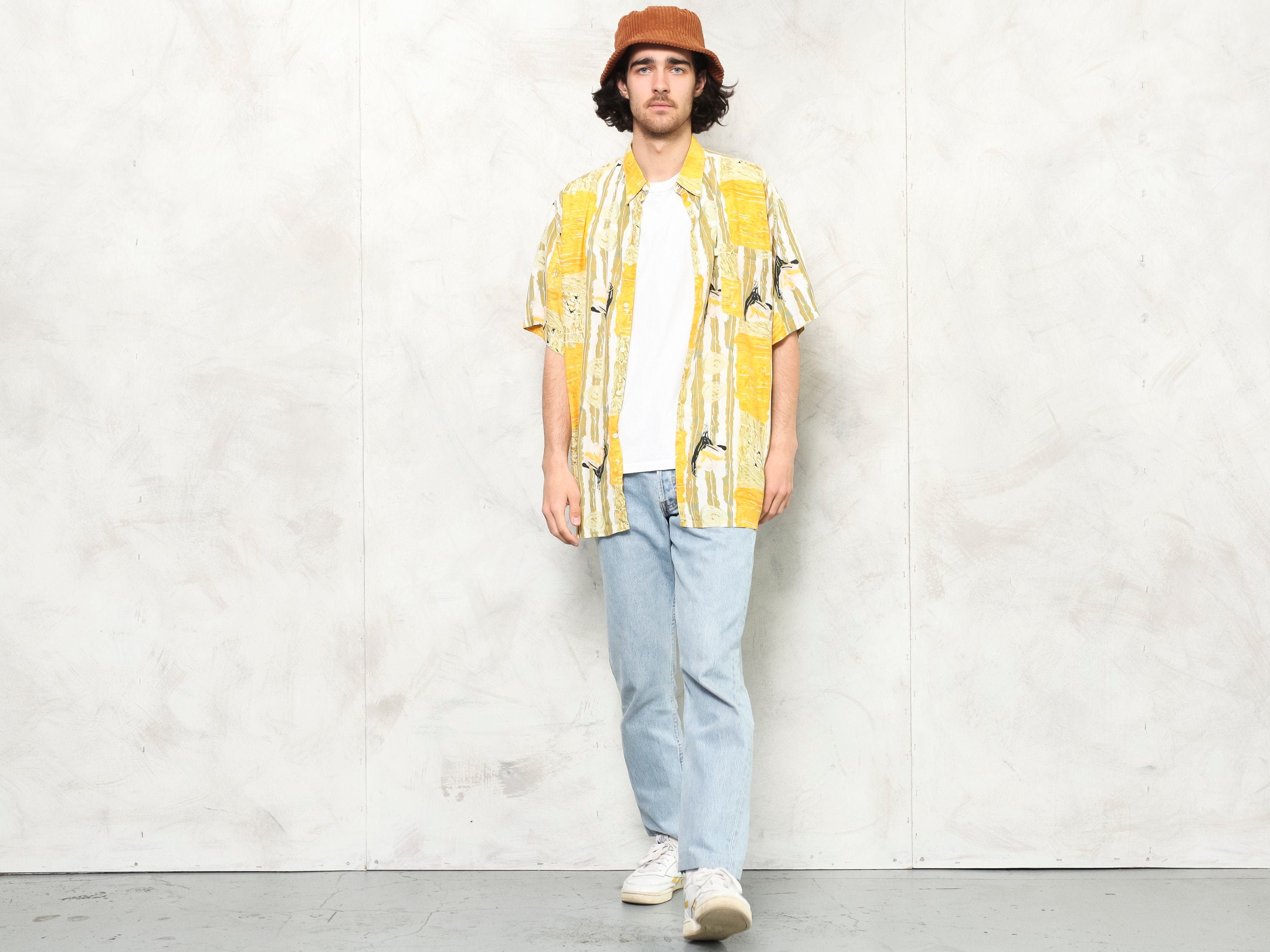 Yellow Abstract Shirt Vintage 80s Hippie Summer Beach Shirt - Etsy