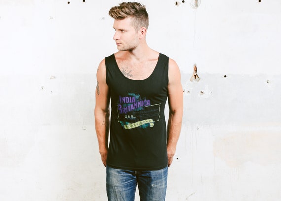 80s Graphic Print T-shirt . Black Tank Top Men 90s