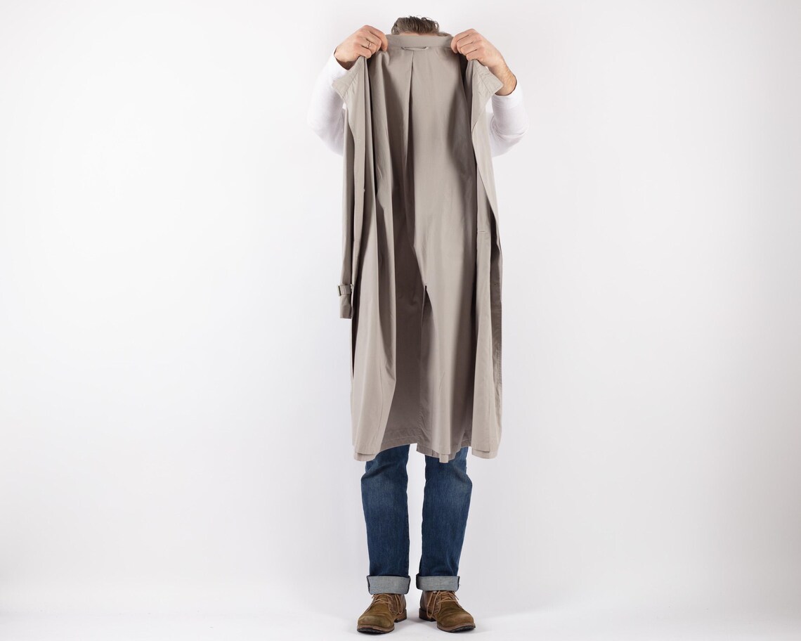 70s Vintage Gray Cotton Blend Trench Coat, Men's Size L, foto 4 di 5