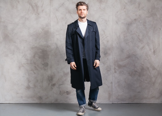 Navy Blue 80s Trench Coat . Vintage Men 1980s Tren