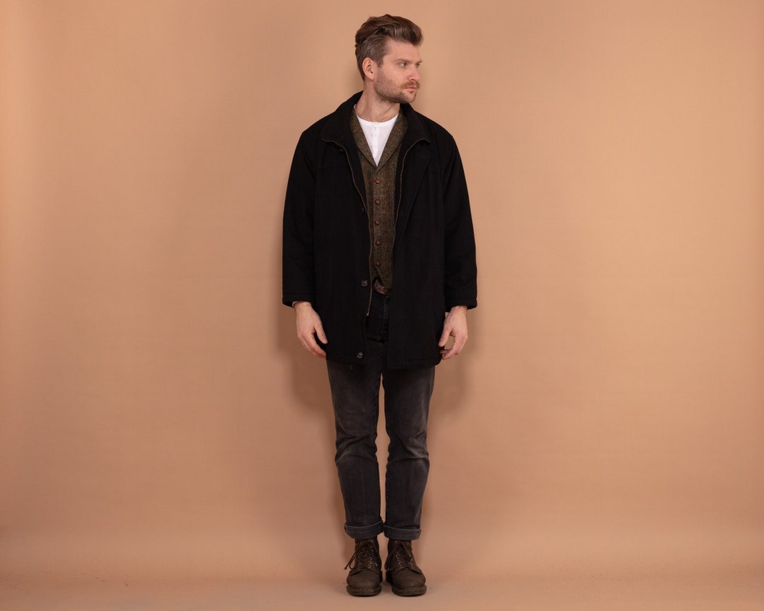90s Black Wool Cashmere Overcoat - Men's Vintage Minimalist Coat