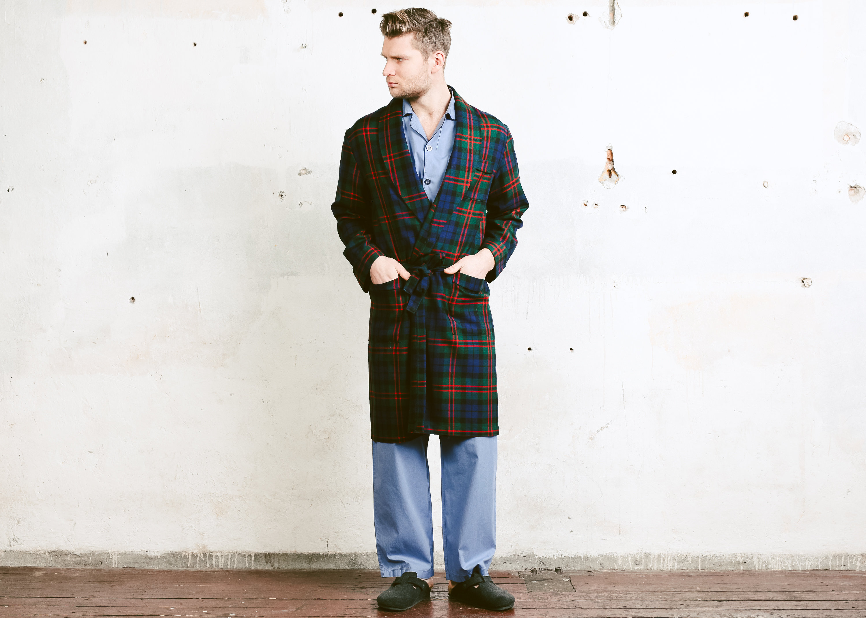 Vintage Men Morning Robe . 80s Plaid Swim Robe Patterned Lounge Jacket ...