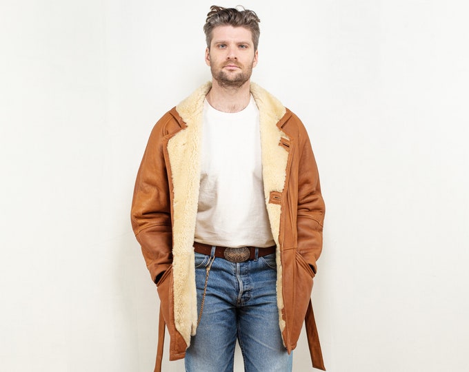 Men Sheepskin Coat 80's vintage brown sheepskin leather shearling winter coat classic vintage men western style clothing size extra large XL