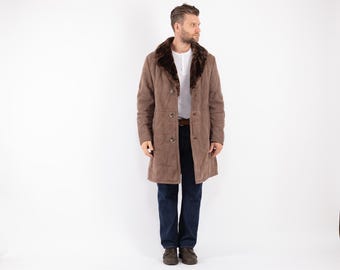 Vintage Men's Sheepskin Coat, Size L/XL Vintage Classic Shearling Coat, Western Apparel, Beige Overcoat, 70s Men Outerwear, BetaMenswear