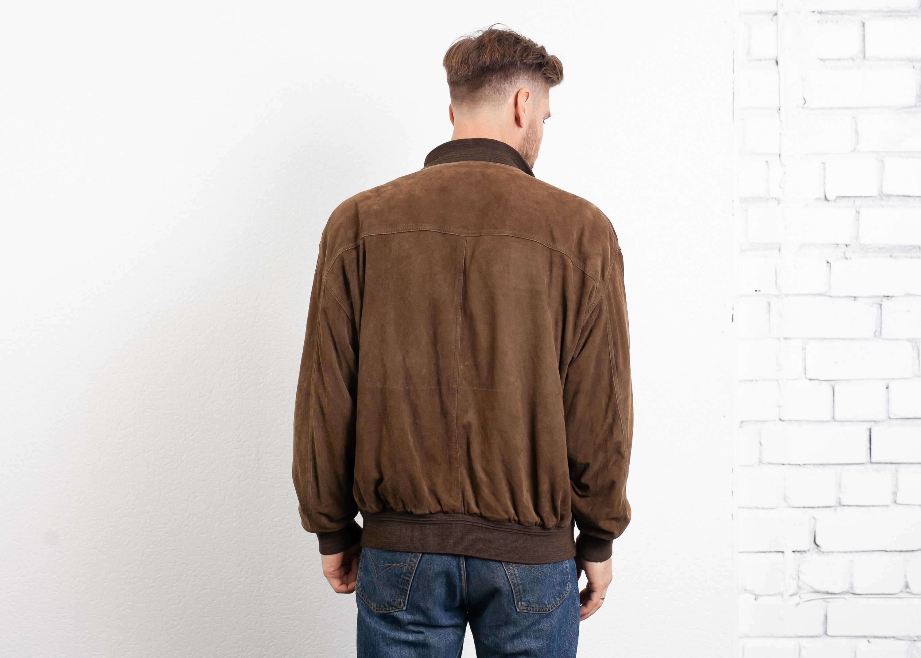 90s Velour Bomber Jacket . Vintage Velvet Zip Up Jacket Men's Faux Suede Brown Knitted Cardigan