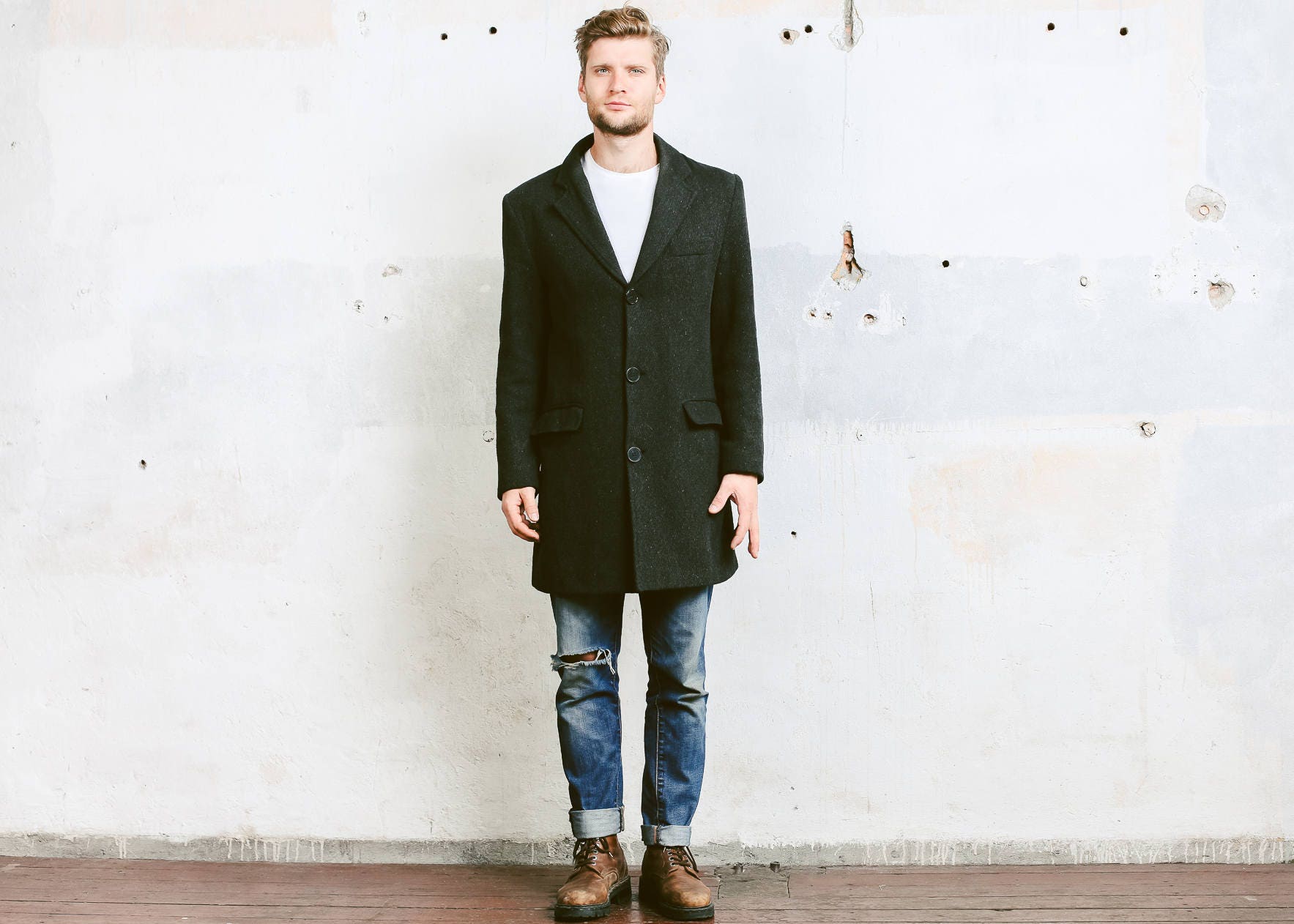 Men Wool Coat vintage 90s Overcoat Dark Grey Jacket Winter Coat wool ...