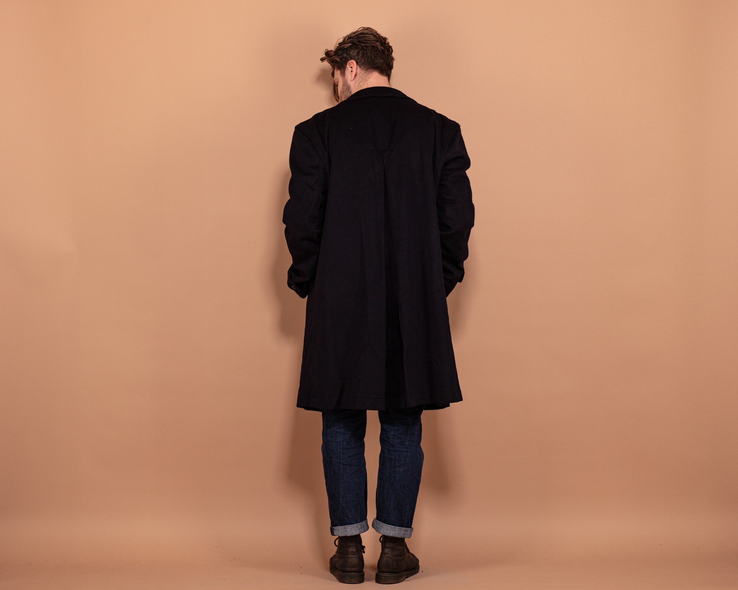 Vintage Loden Wool Overcoat: 90s Navy Blue Tyrolean Coat, Size L