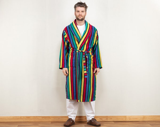 Men Dressing Gown Vintage 80's bathrobe morning robe striped terry cotton homecoat belted hugh hefner gift for him birthday size large