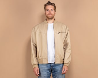Beige Leather Jacket, Size Large L, Vintage Bomber Jacket, Genuine Leather Jacket, Minimalist Jacket, Spring Clothing, Mens Clothing