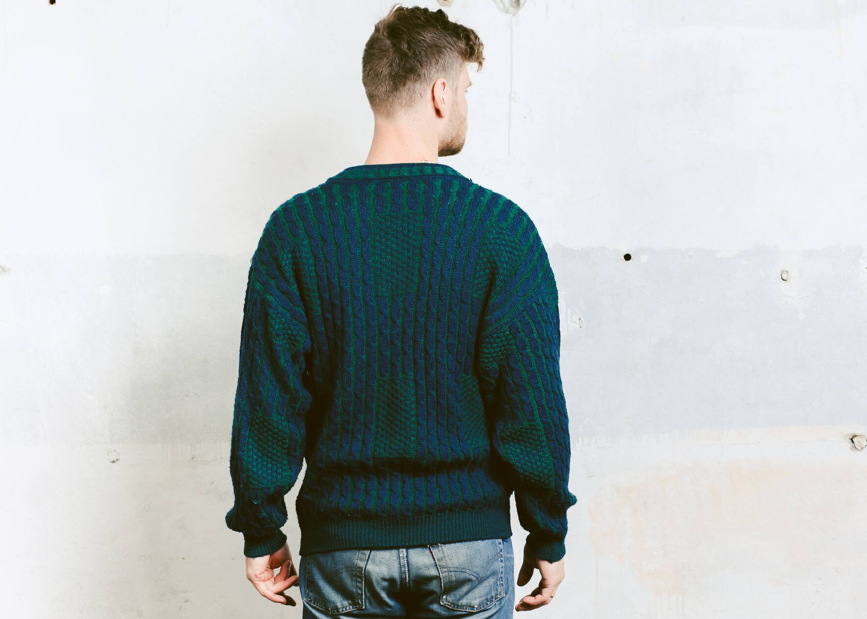 Men Patterned Sweater . Chunky Knit Sweater 90s Vintage Grunge Green