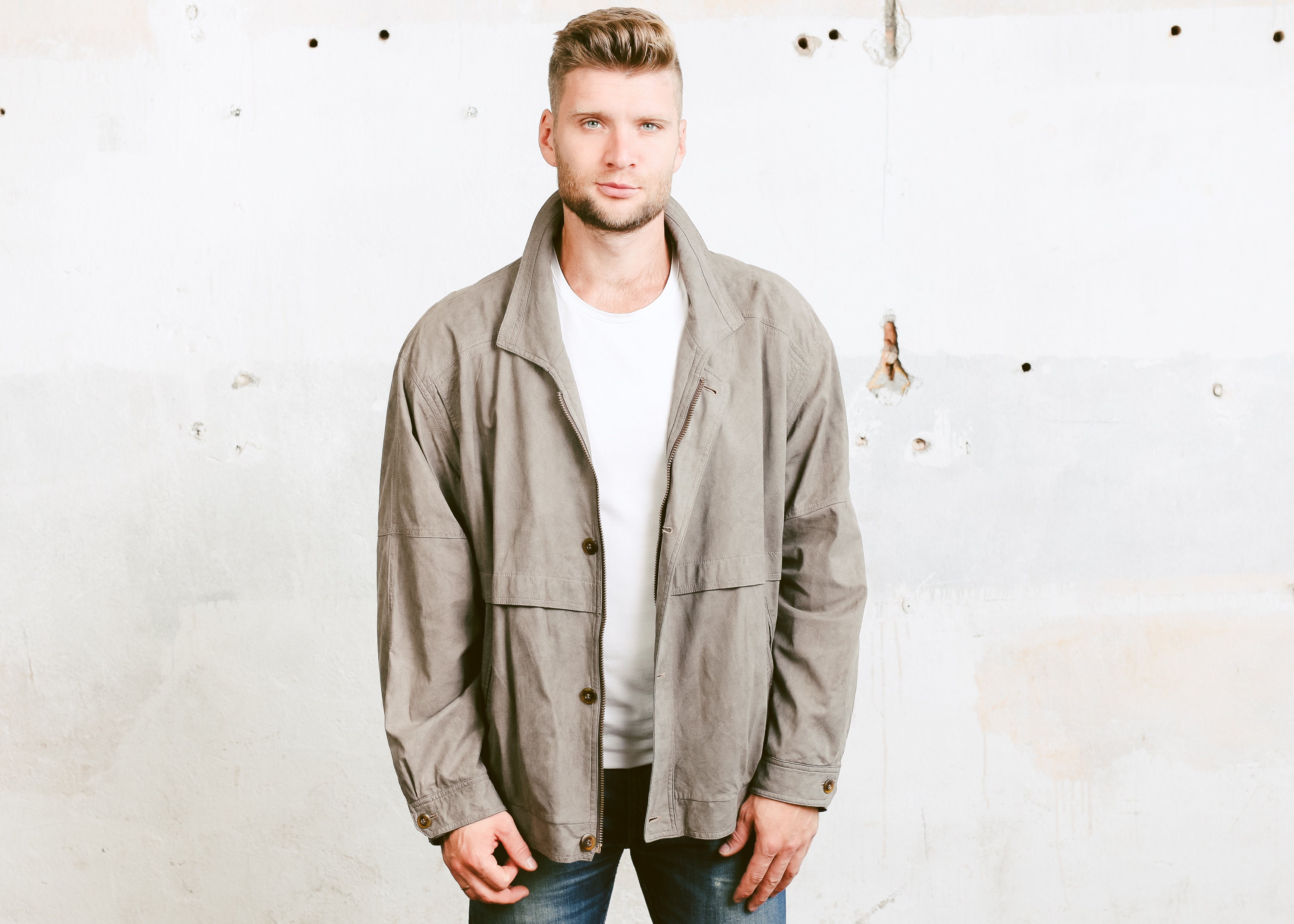 Vintage Outerwear for Men . 80s Grey Bomber Jacket Oversized ...