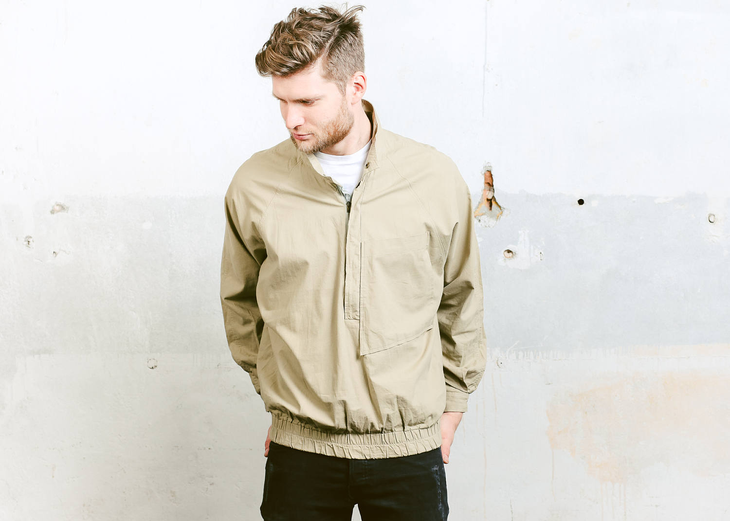 Men's Beige BOMBER Jacket . Vintage 90s Smock Jacket Lightweight Cotton Coat 90s Grunge