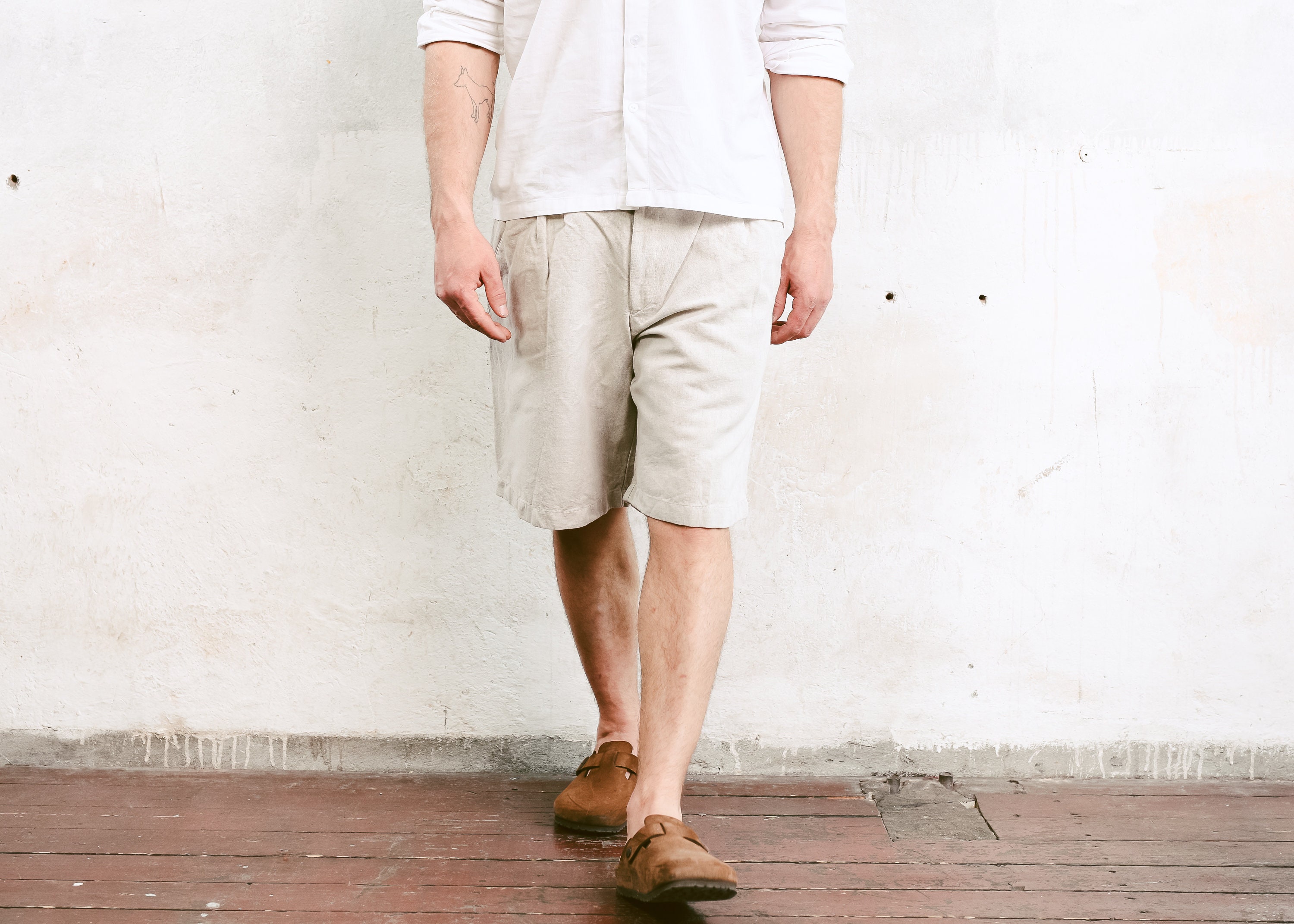Grey Linen Blend Shorts . Vintage Men Summer Shorts Men's Casual Shorts